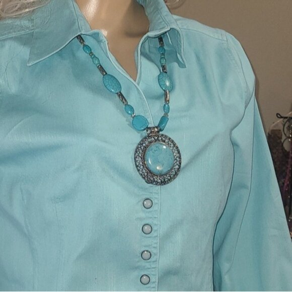 Turquoise & Silver Statement Necklace With Large Oval Pendant Beaded Design Wome - Picture 4 of 5